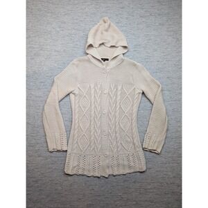 Y2K BCBGMAXAZRIA Sweater Womens Large Beige Hooded Button Front‎ Cable Knit